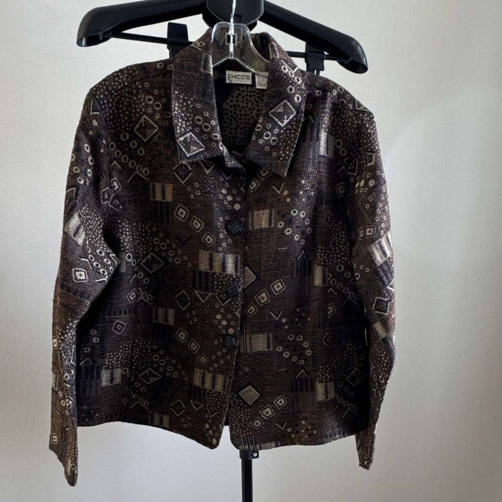 Chico's Women's Brown Geometric Button Front Knit Jacket Collared Size 3 XL
